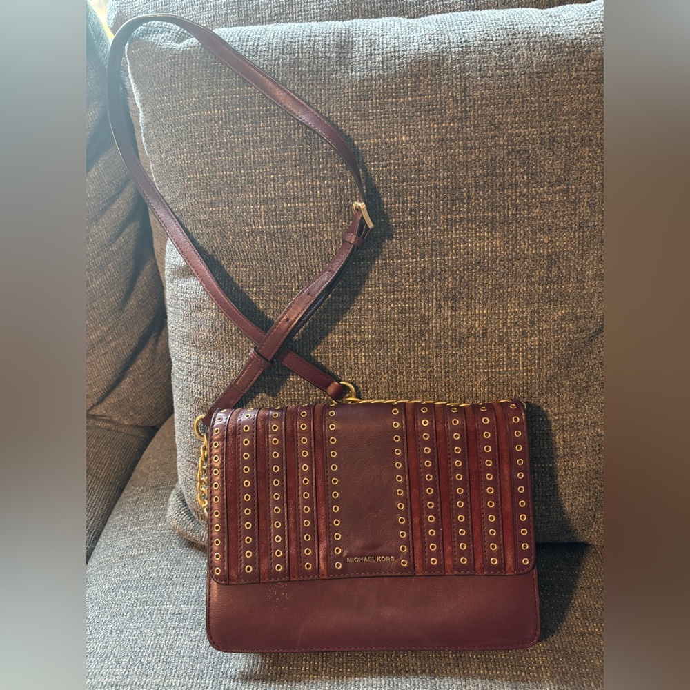 Michael Kors Burgundy Leather Grommet Studded Crossbody Shoulder Bag